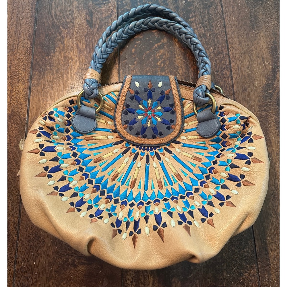 Isabella Fiore Tan Leather Embroidered Serena Leila Braided Handle Boho Y2K Vtg